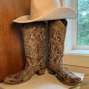 CORRAL WOMEN'S GLITTER INLAY & STUDS SNIP TOE WESTERN BOOTS Size 9.5 C3409